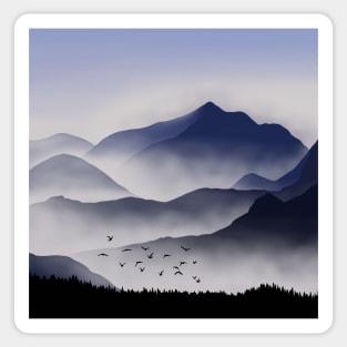 Flock of Birds over Foggy Rocky Hills Landscape Digital Illustration Sticker